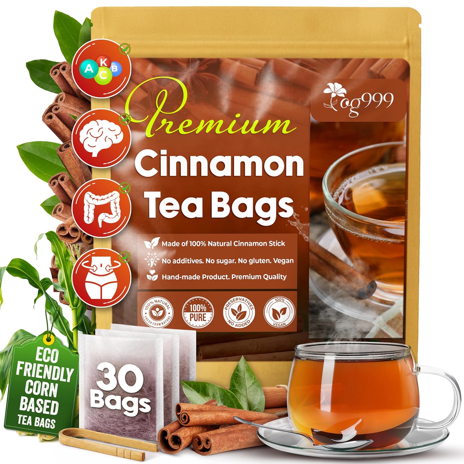 Pure Cinnamon Tea, 100% Natural & Pure Cinnamon. Cinnamon Herbal Tea. Cinnamon Stick Herbal Spice Tea. No Sugar, No Caffeine, No Gluten, Vegan.