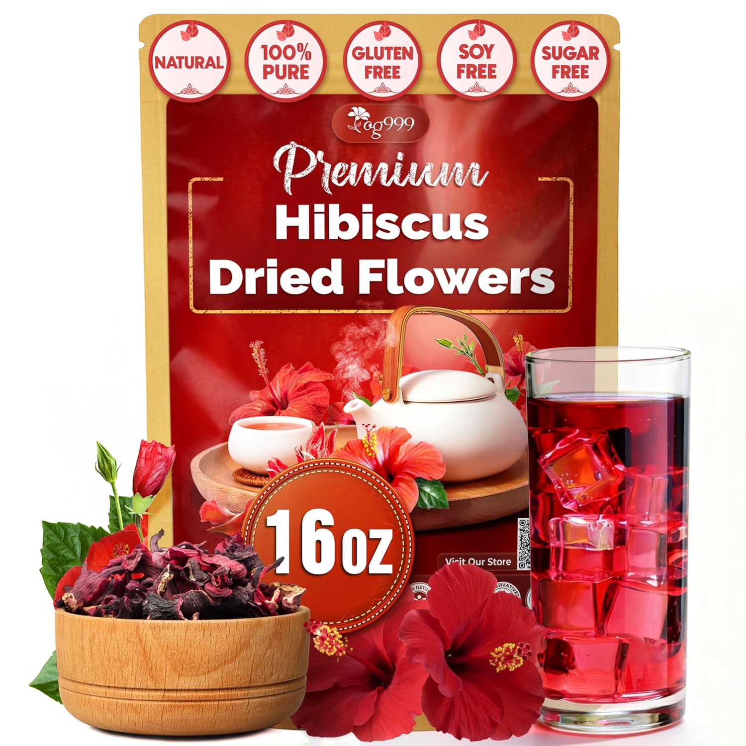Hibiscus Dried Flowers, Tea Bags, 100% Natural, Pure from Hibiscus Flowers. Loose Flower Hibiscus Herbal Tea. Hibiscus Flower Tea. No Sugar, No Caffeine, No Gluten, Vegan.