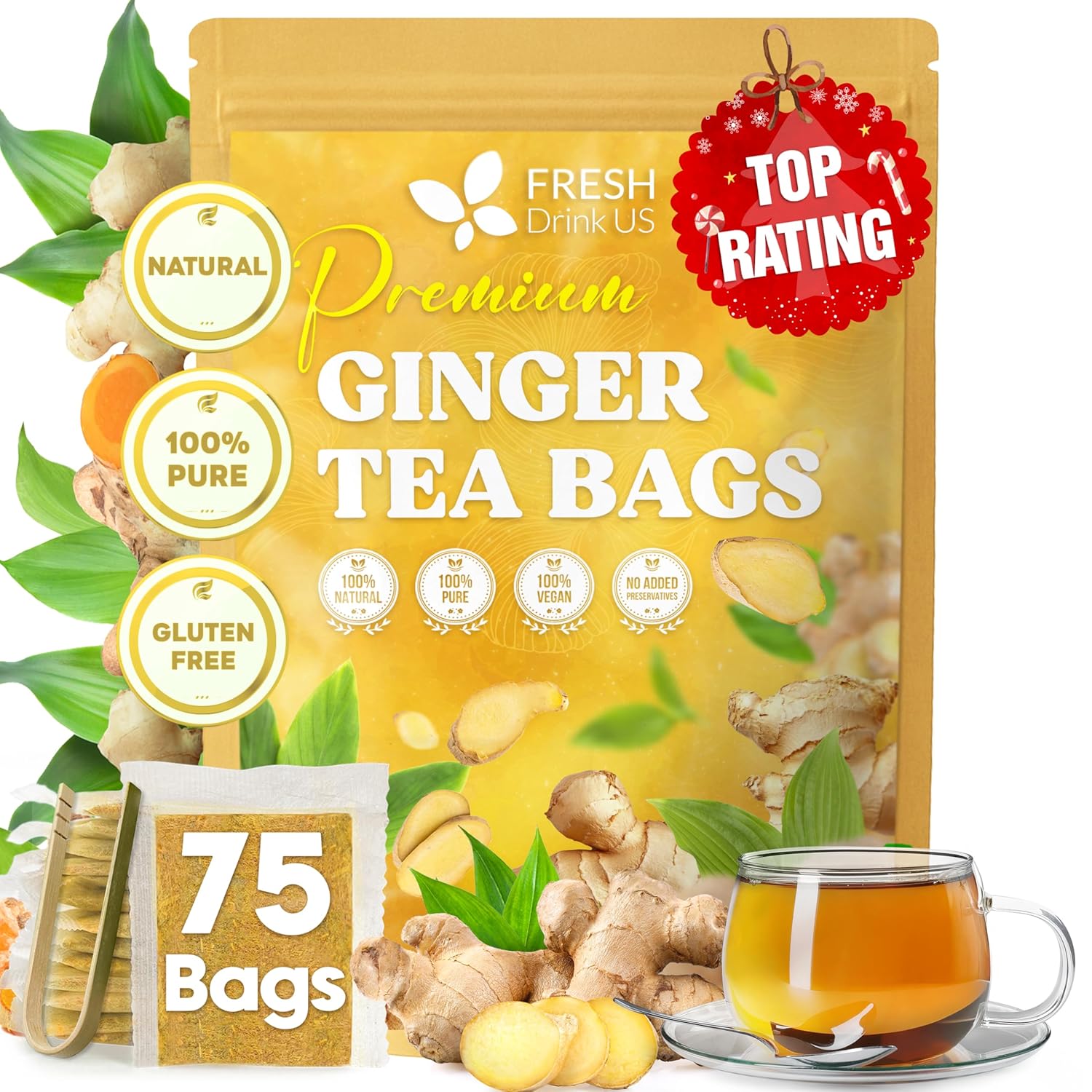Premium Ginger Tea Bags, 100% Natural & Pure from Ginger Roots, Ginger Tea, Ginger Herbal Tea. Ginger Tea. No Sugar, No Caffeine, No Gluten, Vegan.
