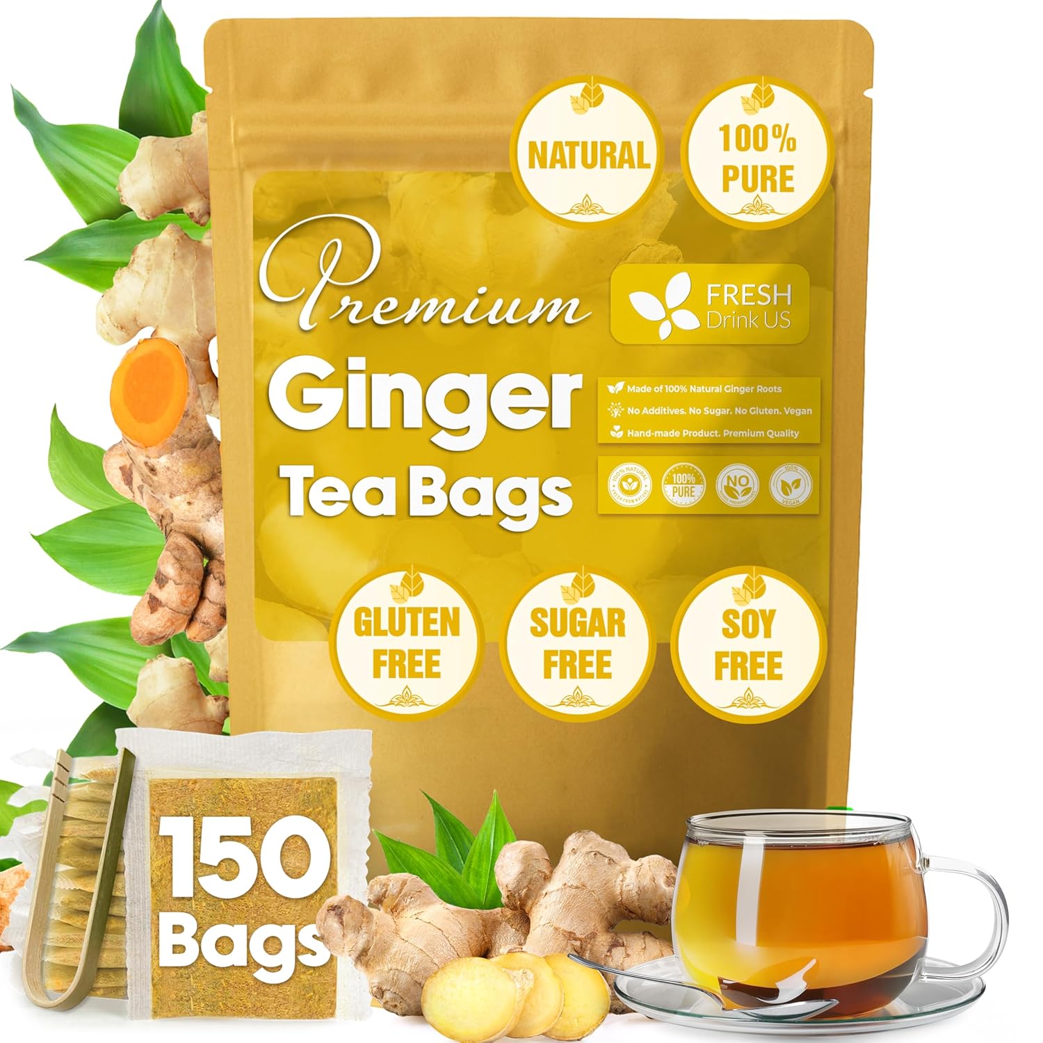 Premium Ginger Tea Bags, 100% Natural & Pure from Ginger Roots, Ginger Tea, Ginger Herbal Tea. Ginger Tea. No Sugar, No Caffeine, No Gluten, Vegan.