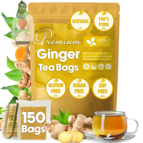 Premium Ginger Tea Bags, 100% Natural & Pure from Ginger Roots, Ginger Tea, Ginger Herbal Tea. Ginger Tea. No Sugar, No Caffeine, No Gluten, Vegan. FreshDrinkUS - Natural and Premium Herbal Tea