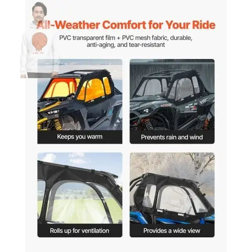 Cab Enclosure Upper Doors, Compatible with Polaris RZR XP 1000/XP Turbo 2014-2023, Soft Upper Doors, Windproof Upgraded Zipper UTV Soft Side Window Kit, Work with Side Mirrors and Windshields VEVOR