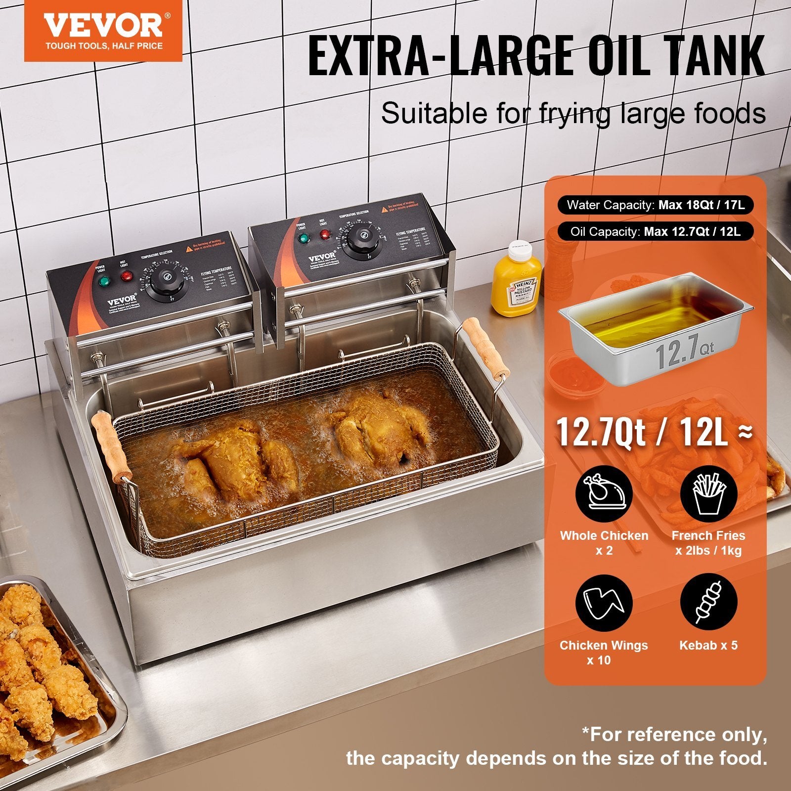 Commercial Deep Fryer, 3000W Electric Turkey Fryer with 3 Removable Baskets, Large Capacity 18Qt / 17L Stainless Steel Countertop Single Oil Fryer, for Kitchen Restaurant Use, Silver
