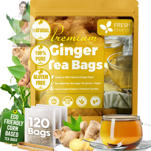 Premium Ginger Tea Bags, 100% Natural & Pure from Ginger Roots, Ginger Tea, Ginger Herbal Tea. Ginger Tea. No Sugar, No Caffeine, No Gluten, Vegan. FreshDrinkUS - Natural and Premium Herbal Tea