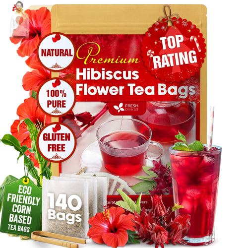 Hibiscus Dried Flowers, Tea Bags, 100% Natural, Pure from Hibiscus Flowers. Loose Flower Hibiscus Herbal Tea. Hibiscus Flower Tea. No Sugar, No Caffeine, No Gluten, Vegan. FreshDrinkUS - Natural and Premium Herbal Tea