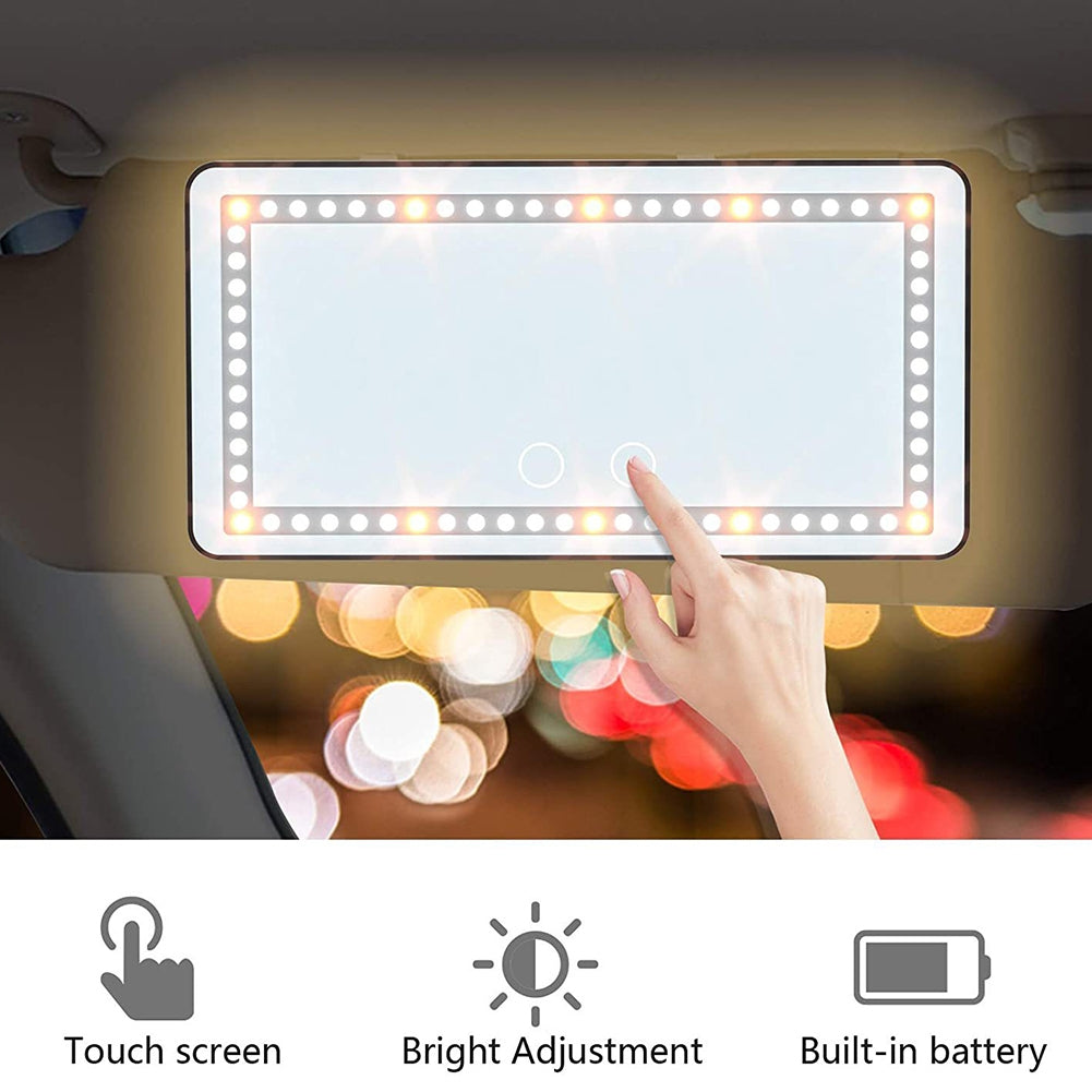 Car Sun Visor Vanity Mirror Rechargeable LED Makeup Mirror With 3 Light Modes 60 LEDs Dimmable Touch Control black