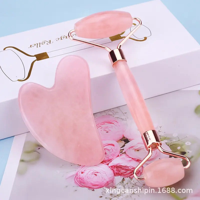 Pink Gua Sha Roller Scraping Board Face Beauty Non Jade Roller Scraping Board Massage Set