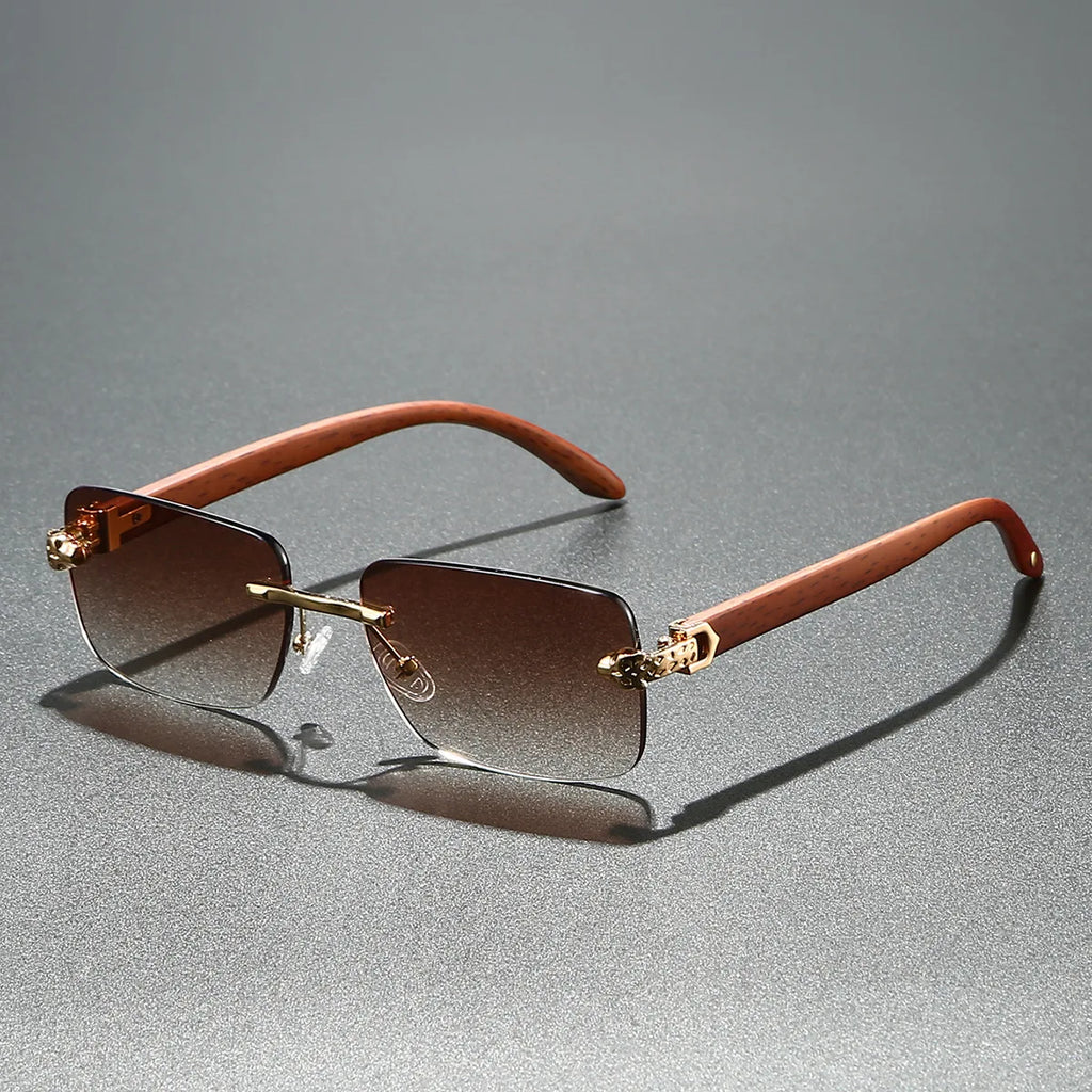 Europe Fashion Rectangular Sunglasses Men Women Unisex Luxury Rimless Frameless Cheetah Man Sun Glasses Wooden Texture