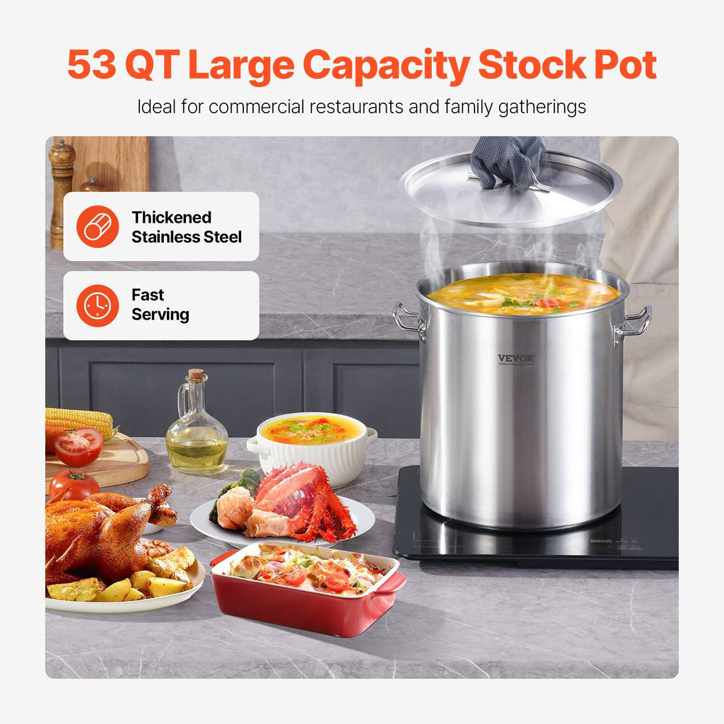 Stainless Steel Stockpot, 53 Quart Large Cooking Pots, Cookware Sauce Pot with Lid, and Handle, Heavy Duty Commercial Grade Stock Pot, Sanding Treatment, for Large Groups Events Silver