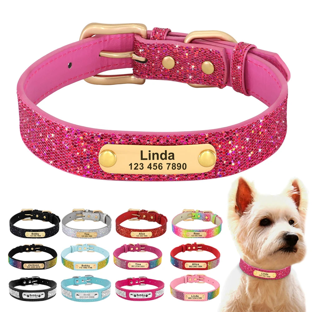 Personalized Bling Dog Collar with Engraved ID Tag