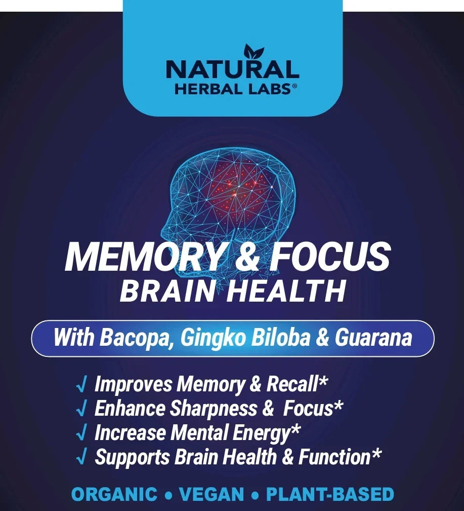 Organic Memory & Focus Herbal Tonic – Bacopa, Ginkgo Biloba, Guarana | Natural Brain Health & Mental Clarity Support