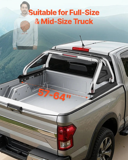 Truck Bed Roll Bar, Universal Adjustable Sport Bar Chase Rack Compatible with Full-Size & Mid-Size Pickup, With LED Brake Light, Stainless Steel + Carbon Steel No Rack Included VEVOR