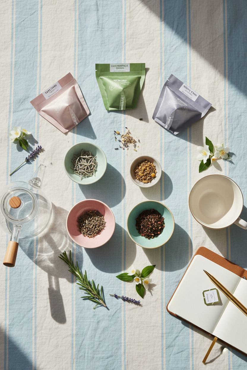 Classic tea variety pack lifestyle flat lay with five tea bags, ceramic bowls of loose tea, herbs and flowers on pastel linen background