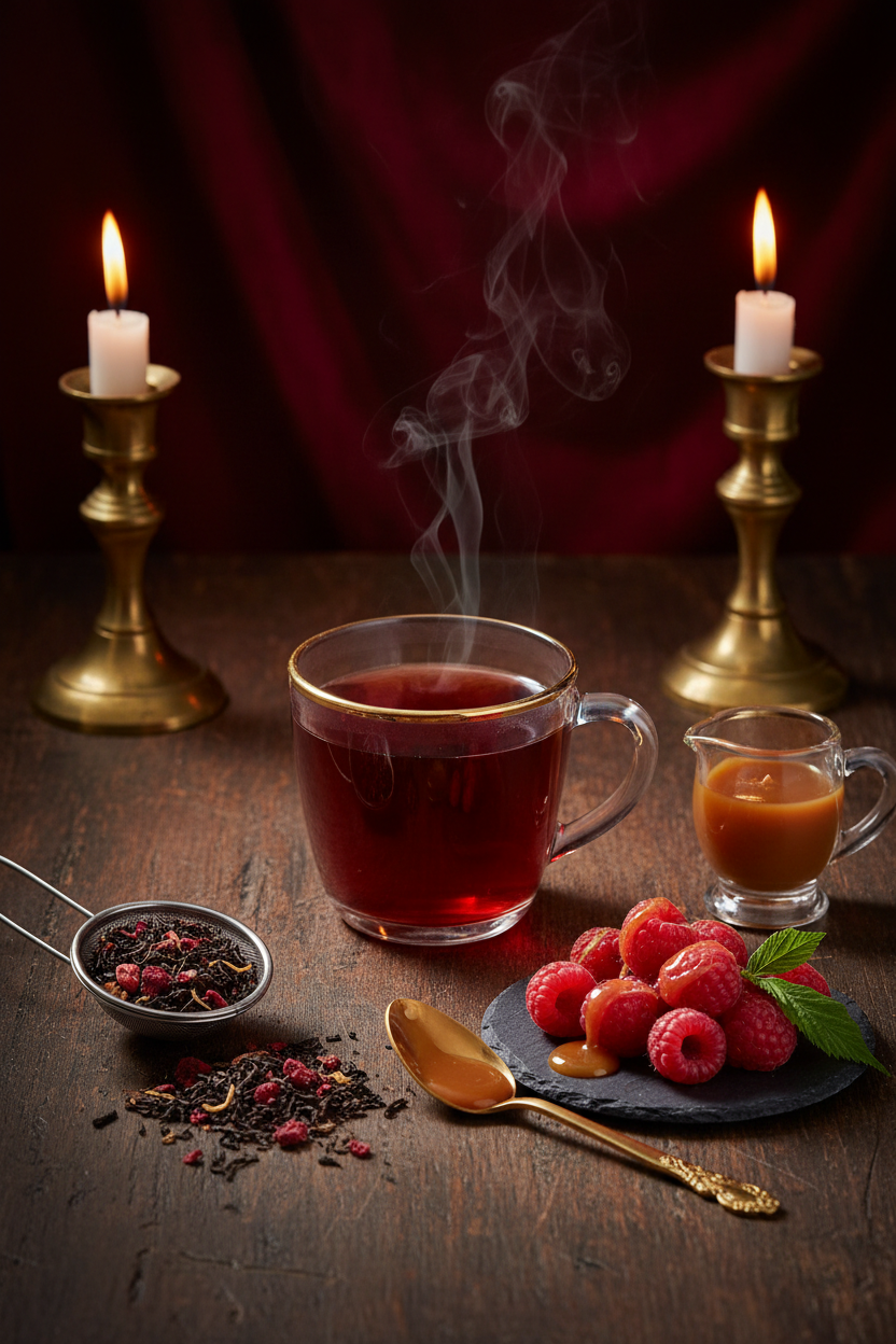 Raspberry black tea lifestyle image with ruby-colored tea in clear glass, fresh raspberries and caramel on dark moody background