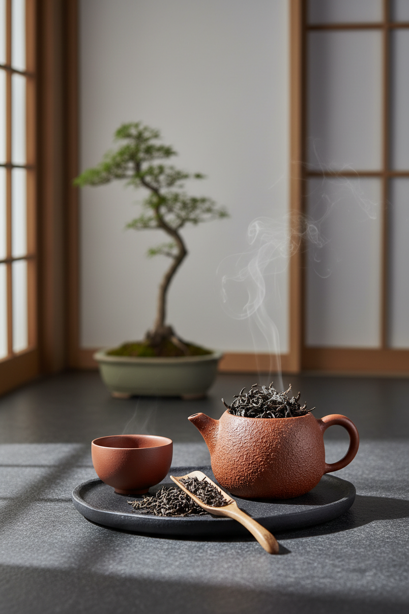 Single estate Taiwanese dark roasted oolong tea lifestyle image with clay teapot and loose tea leaves on slate stone surface