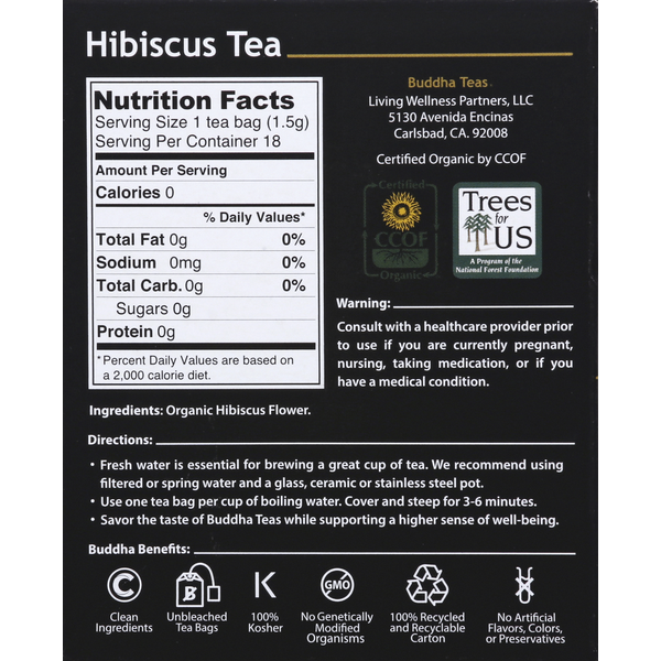 Buddha Teas Herbal Tea, Organic, Hibiscus Tea, Tea Bags